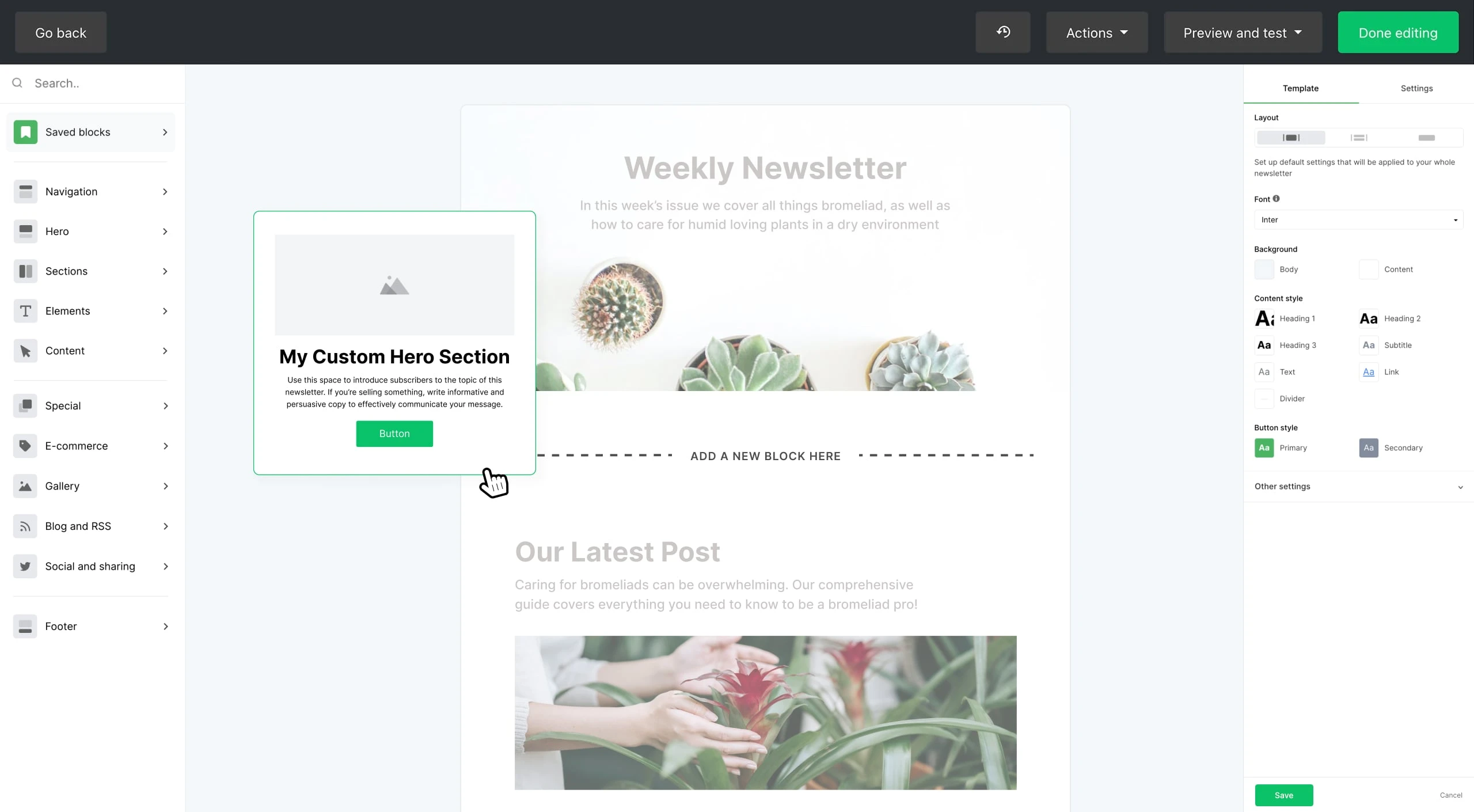 MailerLite drag-and-drop email editor showing newsletter content blocks