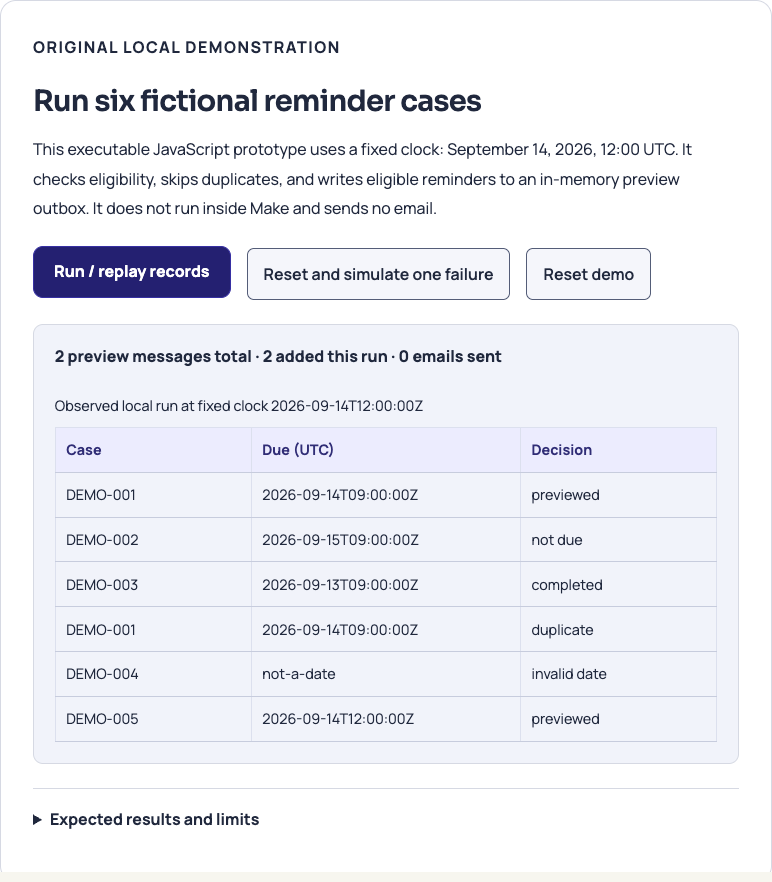 Actual local browser run: two preview messages; future, completed, duplicate, and invalid-date cases skipped